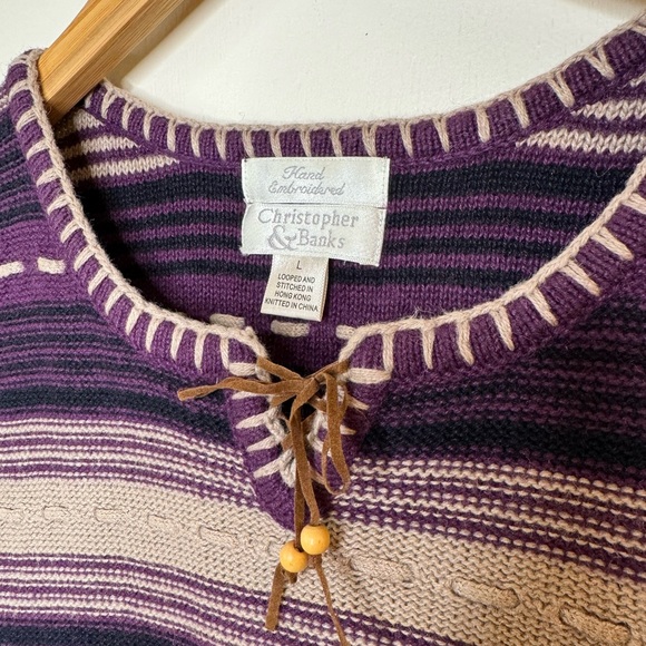 Vintage Sweater Vest Hand Embroidered Women Large Purple Beige Stripe Woven Boho - Picture 4 of 7